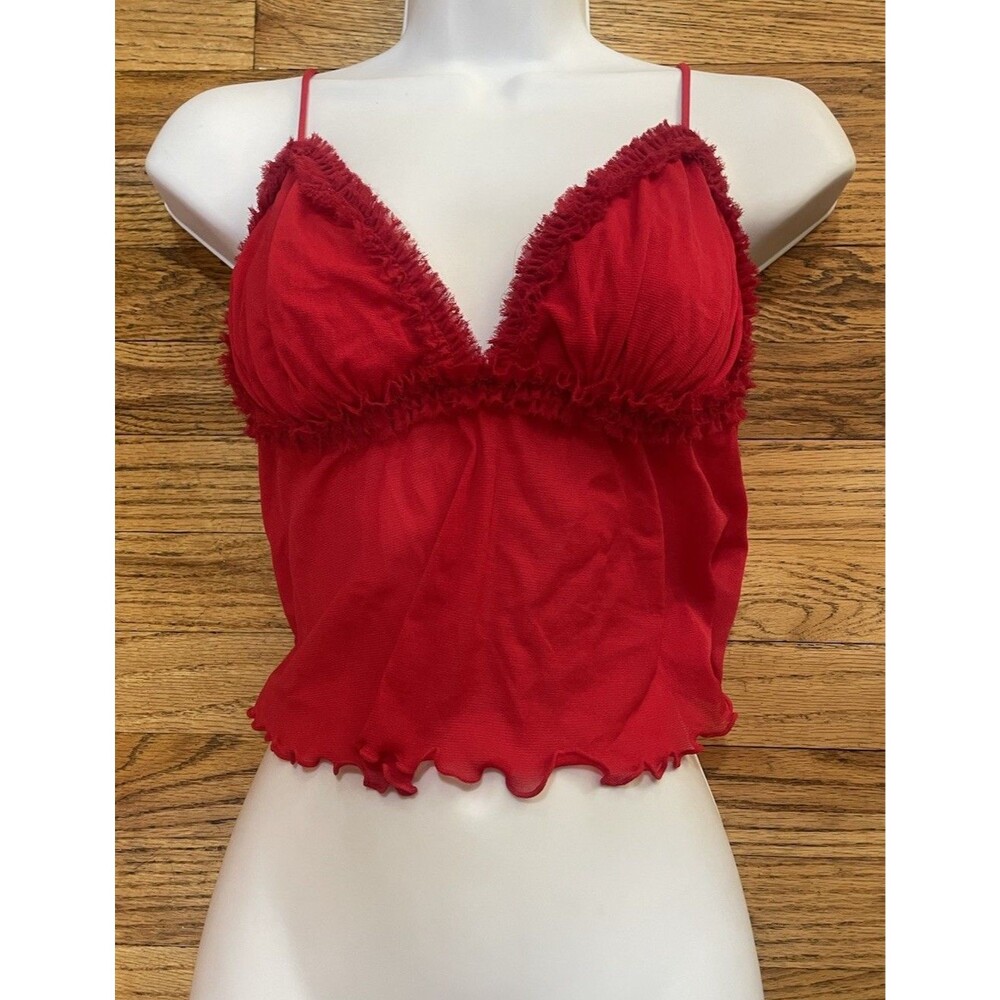 Out From Under Women’s Red Sheer Mesh Cami Top Size M Ruffle Trim